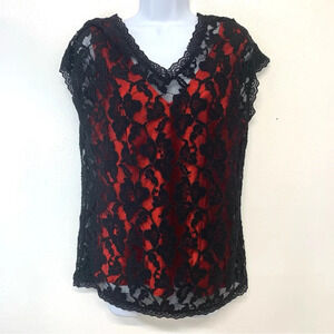 Black Lace Overlay Top Woman XS  Floral Red Satin Tank Boho Holiday Whimsygoth
